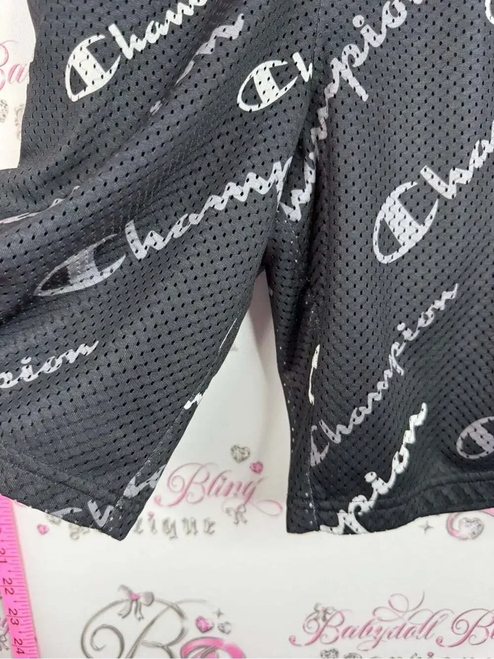 Champion shorts Black Mesh Athletic Shorts with White Logo Print